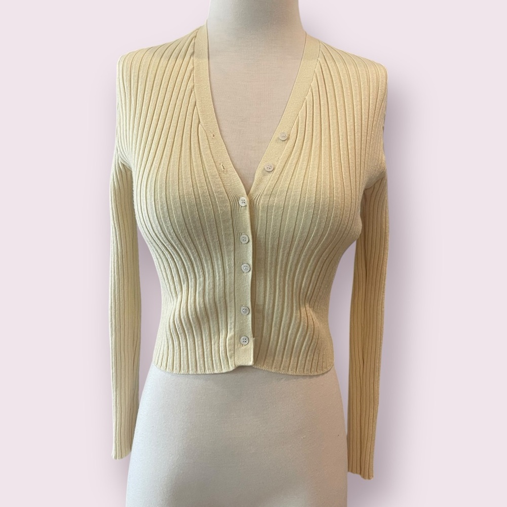 Yellow ribbed knit cardigan with button-up front
